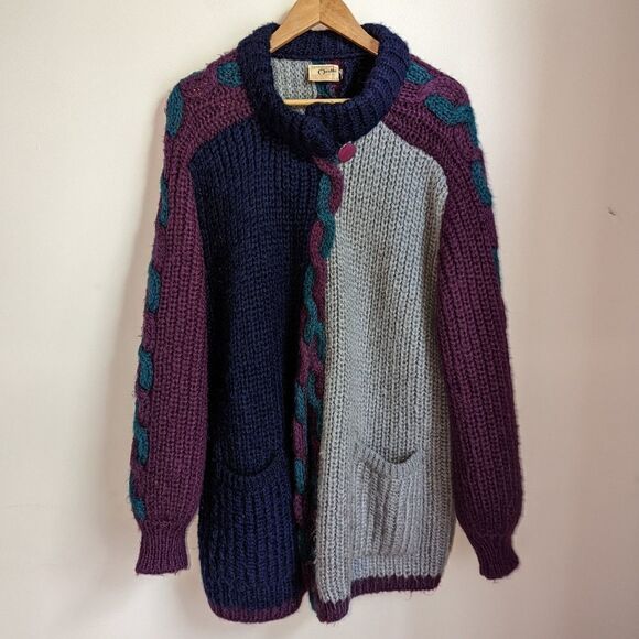 VINTAGE Jewel Tones Wool Open Front Oversized Chunky Cable Knit Cardigan… - Picture 2 of 12